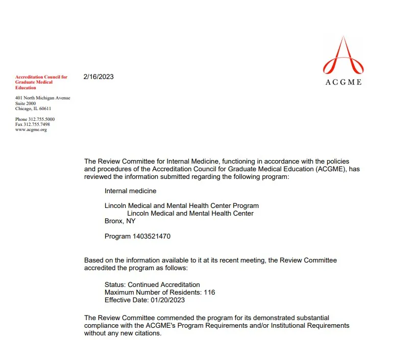 Residency receives continued ACGME accreditation with no citations